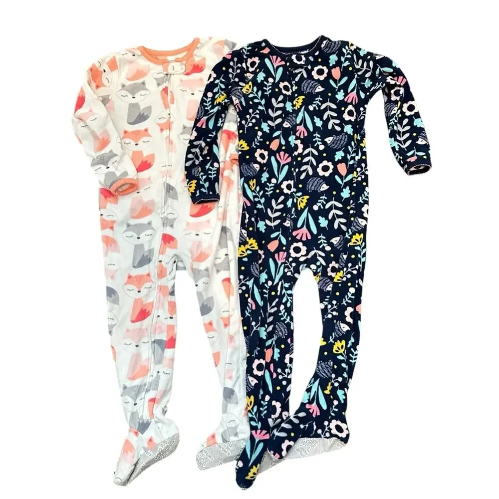 2 Pc Carter’s Footie Footed Pajamas Sz 3T Blue Pink Floral Fox Hedgehog